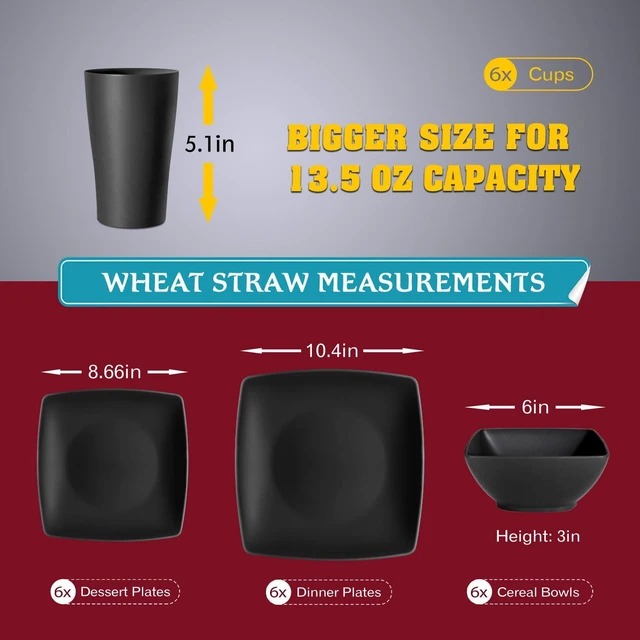 Alt view image 2 of 7 - 24-piece Plates and Bowls Sets for 6, Black Square Dinnerware Sets | Plastic Wheat Straw Dish Set,Unbreakable Dinner Plate set,13.5oz Cups,Dishwasher Safe Outdoor Kitchen RV Camping Dishware