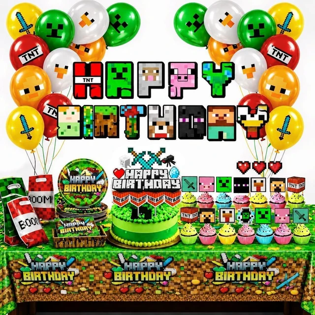 Main image of Pixel Game Birthday Party Decorations - Gaming Theme Supplies Set - Including Banner Balloons Tablecloth Plates Toppers Napkins Favor Bags - Bday Pack Craft Decor Kit Boys Girls
