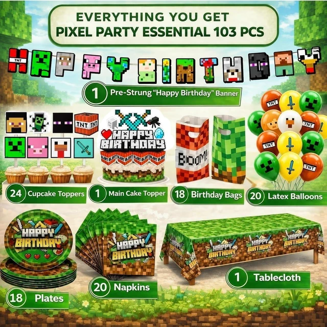 Alt view image 2 of 4 - Pixel Game Birthday Party Decorations - Gaming Theme Supplies Set - Including Banner Balloons Tablecloth Plates Toppers Napkins Favor Bags - Bday Pack Craft Decor Kit Boys Girls
