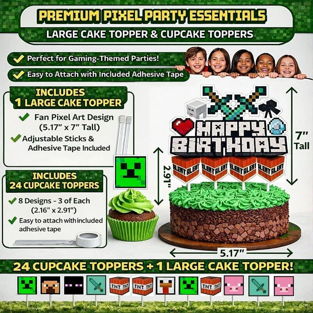 Alt view image 3 of 4 - Pixel Game Birthday Party Decorations - Gaming Theme Supplies Set - Including Banner Balloons Tablecloth Plates Toppers Napkins Favor Bags - Bday Pack Craft Decor Kit Boys Girls