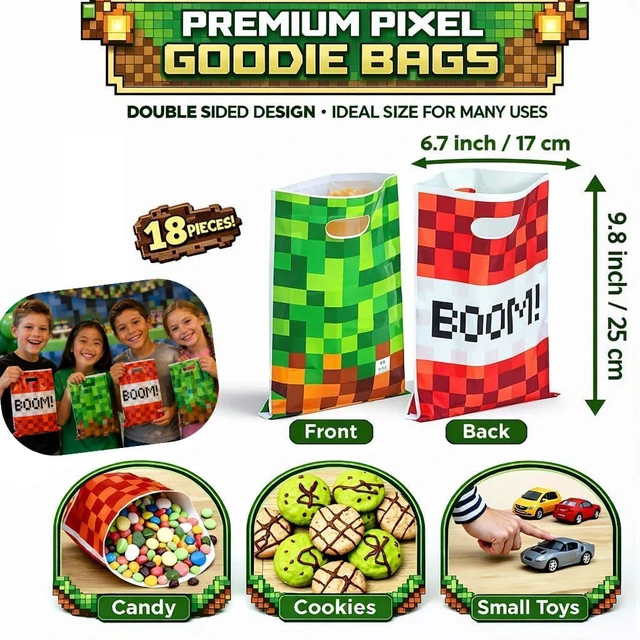 Alt view image 4 of 4 - Pixel Game Birthday Party Decorations - Gaming Theme Supplies Set - Including Banner Balloons Tablecloth Plates Toppers Napkins Favor Bags - Bday Pack Craft Decor Kit Boys Girls
