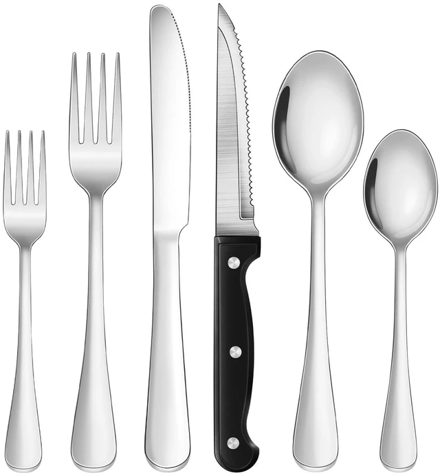 Main image of 24-Piece Silver Silverware Set with Steak Knives Black Stainless Steel Flatware Set for 4 Food Grade Tableware Cutlery Set Rust-proof, Mirror Polished, Dishwasher Safe