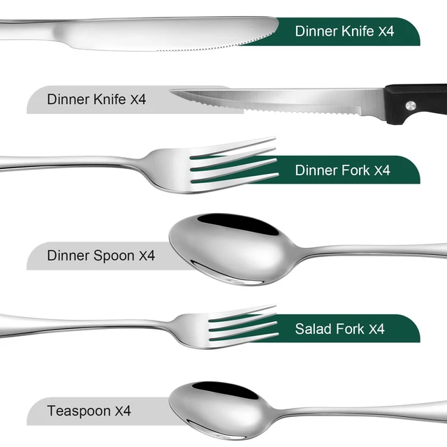 Alt view image 3 of 7 - 24-Piece Silver Silverware Set with Steak Knives Black Stainless Steel Flatware Set for 4 Food Grade Tableware Cutlery Set Rust-proof, Mirror Polished, Dishwasher Safe