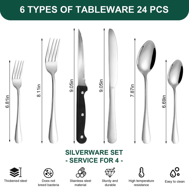 Alt view image 2 of 7 - 24-Piece Silver Silverware Set with Steak Knives Black Stainless Steel Flatware Set for 4 Food Grade Tableware Cutlery Set Rust-proof, Mirror Polished, Dishwasher Safe