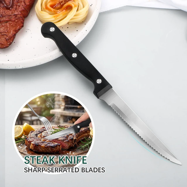 Alt view image 4 of 7 - 24-Piece Silver Silverware Set with Steak Knives Black Stainless Steel Flatware Set for 4 Food Grade Tableware Cutlery Set Rust-proof, Mirror Polished, Dishwasher Safe