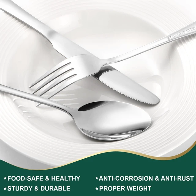 Alt view image 6 of 7 - 24-Piece Silver Silverware Set with Steak Knives Black Stainless Steel Flatware Set for 4 Food Grade Tableware Cutlery Set Rust-proof, Mirror Polished, Dishwasher Safe