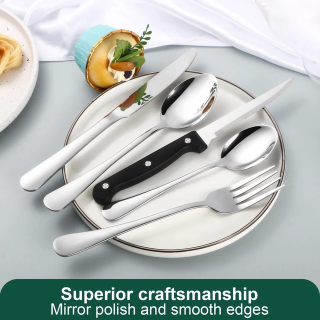 Alt view image 5 of 7 - 24-Piece Silver Silverware Set with Steak Knives Black Stainless Steel Flatware Set for 4 Food Grade Tableware Cutlery Set Rust-proof, Mirror Polished, Dishwasher Safe