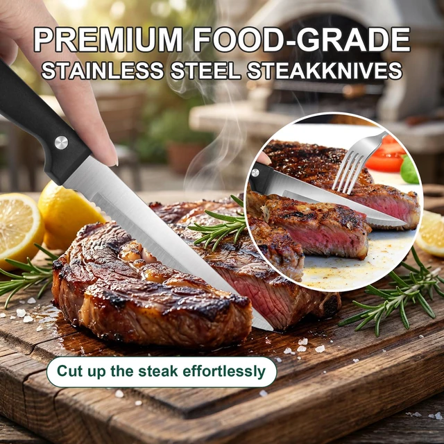 Alt view image 7 of 7 - 24-Piece Silver Silverware Set with Steak Knives Black Stainless Steel Flatware Set for 4 Food Grade Tableware Cutlery Set Rust-proof, Mirror Polished, Dishwasher Safe