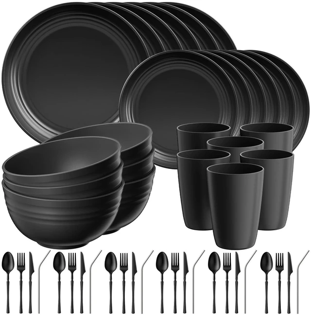 Main image of 48 Piece Plastic Plates and Bowls Sets for 6,Dinnerware Sets,Black | Unbreakable,Dish Set for Camping,Dishwasher Microwave Safe,Outdoor Kitchen and Apartment Dinning RV Essentials,Cutlery Set