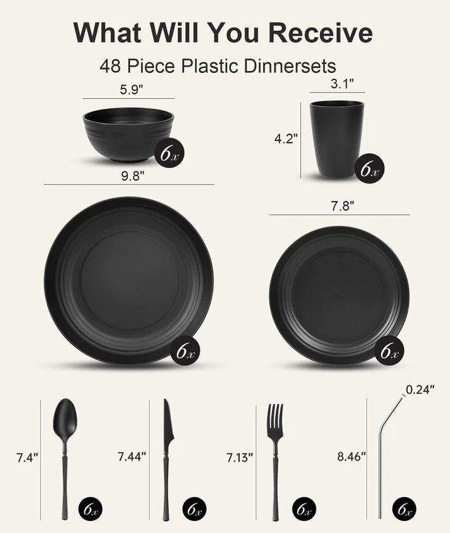Alt view image 2 of 7 - 48 Piece Plastic Plates and Bowls Sets for 6,Dinnerware Sets,Black | Unbreakable,Dish Set for Camping,Dishwasher Microwave Safe,Outdoor Kitchen and Apartment Dinning RV Essentials,Cutlery Set