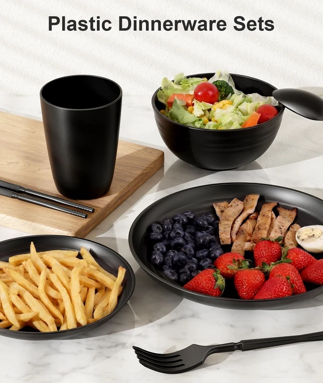 Alt view image 3 of 7 - 48 Piece Plastic Plates and Bowls Sets for 6,Dinnerware Sets,Black | Unbreakable,Dish Set for Camping,Dishwasher Microwave Safe,Outdoor Kitchen and Apartment Dinning RV Essentials,Cutlery Set