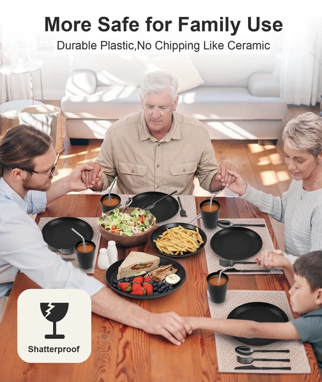 Alt view image 6 of 7 - 48 Piece Plastic Plates and Bowls Sets for 6,Dinnerware Sets,Black | Unbreakable,Dish Set for Camping,Dishwasher Microwave Safe,Outdoor Kitchen and Apartment Dinning RV Essentials,Cutlery Set