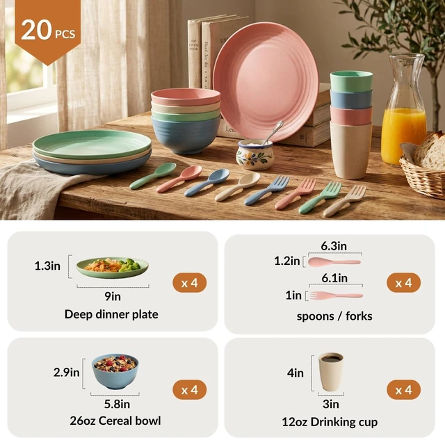 Alt view image 2 of 7 - Wheat Straw Dinnerware Sets 20 PCS Cups and Plates Sets for Kitchen Microwave and Dishwasher Safe Plate Set Unbreakable Camping Dish Set Kids Plates and Bowls Sets for Picnic, RV (Multilight)
