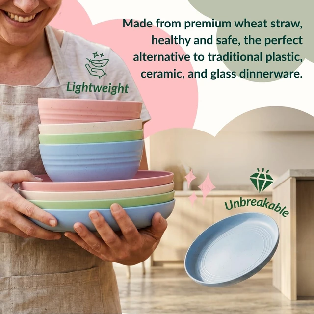 Alt view image 4 of 7 - Wheat Straw Dinnerware Sets 20 PCS Cups and Plates Sets for Kitchen Microwave and Dishwasher Safe Plate Set Unbreakable Camping Dish Set Kids Plates and Bowls Sets for Picnic, RV (Multilight)