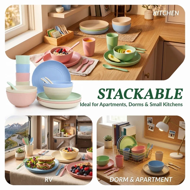 Alt view image 5 of 7 - Wheat Straw Dinnerware Sets 20 PCS Cups and Plates Sets for Kitchen Microwave and Dishwasher Safe Plate Set Unbreakable Camping Dish Set Kids Plates and Bowls Sets for Picnic, RV (Multilight)