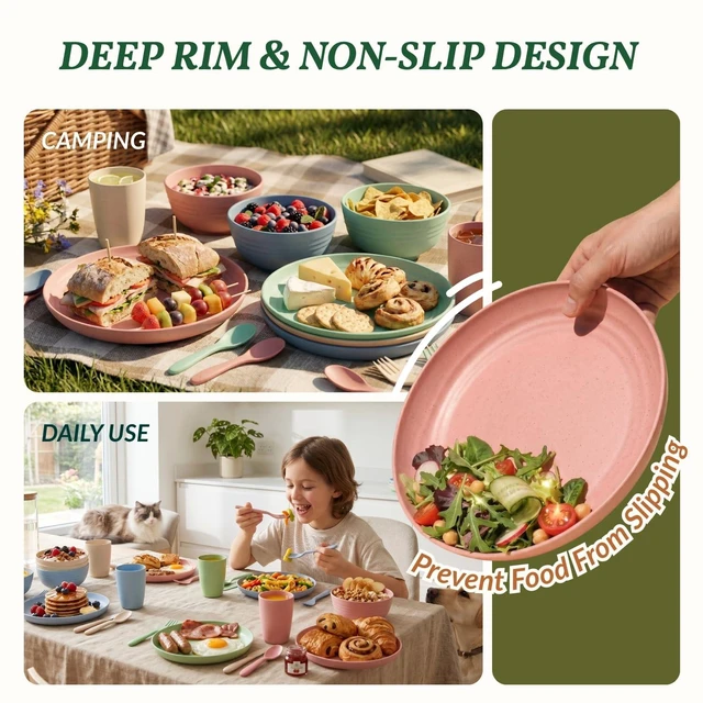 Alt view image 6 of 7 - Wheat Straw Dinnerware Sets 20 PCS Cups and Plates Sets for Kitchen Microwave and Dishwasher Safe Plate Set Unbreakable Camping Dish Set Kids Plates and Bowls Sets for Picnic, RV (Multilight)