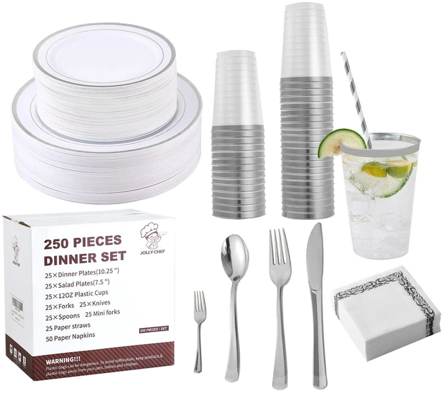 Main image of 25 Guests Plastic Plates Set With Silver Rim Elegant Cutlery set | With 25 10" and 7" Disposable Plates, 25 Plastic Spoons, Cups, Straws, Knives, 50 Paper Napkins and Forks for Gathering