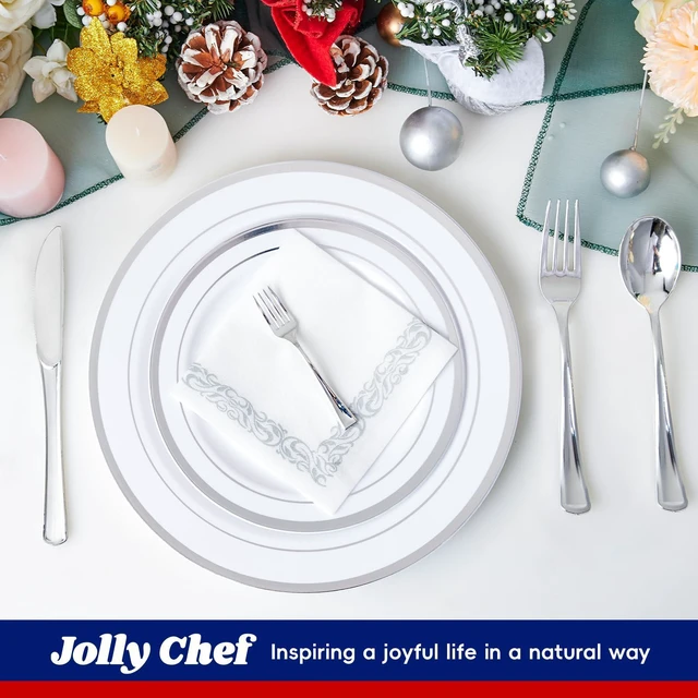 Alt view image 2 of 7 - 25 Guests Plastic Plates Set With Silver Rim Elegant Cutlery set | With 25 10" and 7" Disposable Plates, 25 Plastic Spoons, Cups, Straws, Knives, 50 Paper Napkins and Forks for Gathering