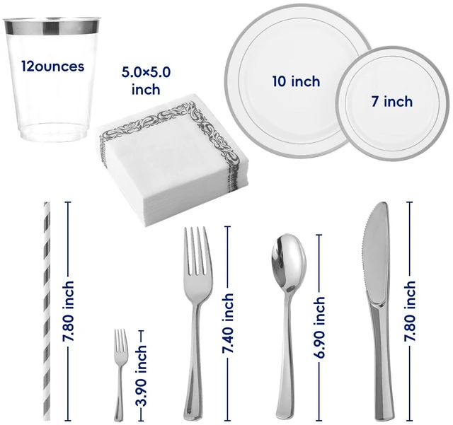 Alt view image 3 of 7 - 25 Guests Plastic Plates Set With Silver Rim Elegant Cutlery set | With 25 10" and 7" Disposable Plates, 25 Plastic Spoons, Cups, Straws, Knives, 50 Paper Napkins and Forks for Gathering