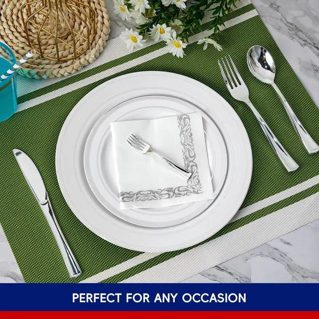 Alt view image 4 of 7 - 25 Guests Plastic Plates Set With Silver Rim Elegant Cutlery set | With 25 10" and 7" Disposable Plates, 25 Plastic Spoons, Cups, Straws, Knives, 50 Paper Napkins and Forks for Gathering