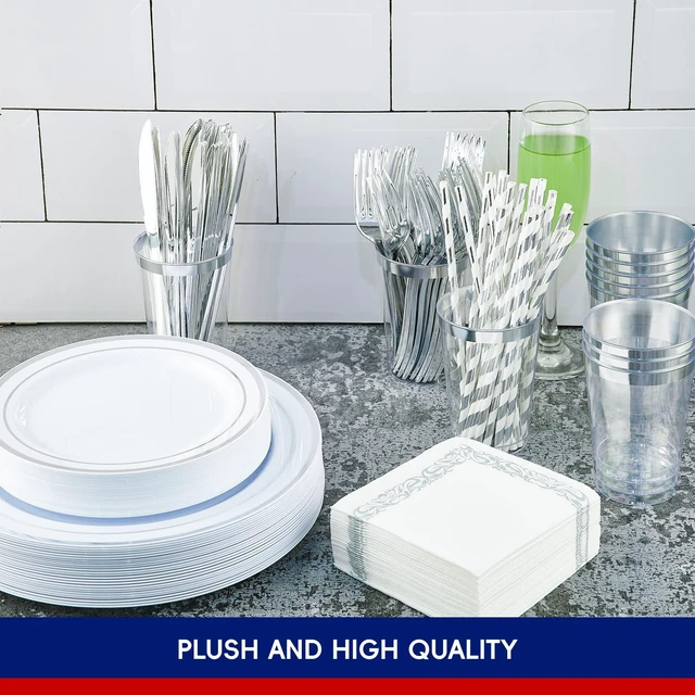 Alt view image 6 of 7 - 25 Guests Plastic Plates Set With Silver Rim Elegant Cutlery set | With 25 10" and 7" Disposable Plates, 25 Plastic Spoons, Cups, Straws, Knives, 50 Paper Napkins and Forks for Gathering