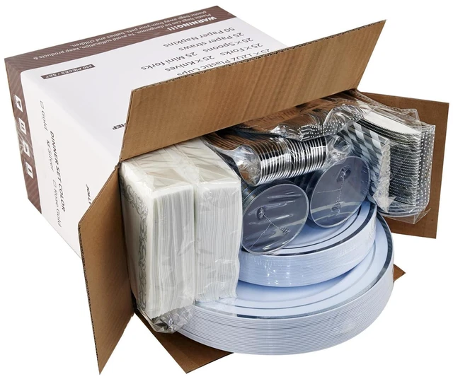 Alt view image 7 of 7 - 25 Guests Plastic Plates Set With Silver Rim Elegant Cutlery set | With 25 10" and 7" Disposable Plates, 25 Plastic Spoons, Cups, Straws, Knives, 50 Paper Napkins and Forks for Gathering