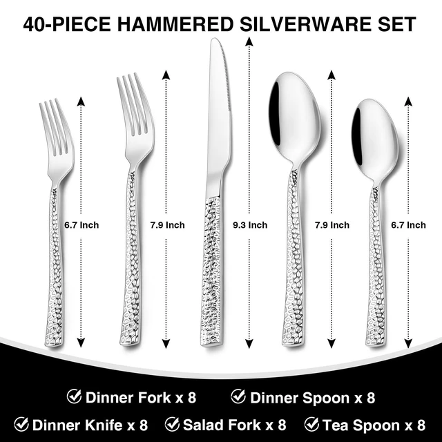 Alt view image 2 of 7 - Hammered Silverware Set, 40-Piece Stainless Steel Square Flatware Set for 8, Food-Grade Tableware Cutlery Set, Utensil Sets for Home Restaurant, Mirror Finish, Dishwasher Safe