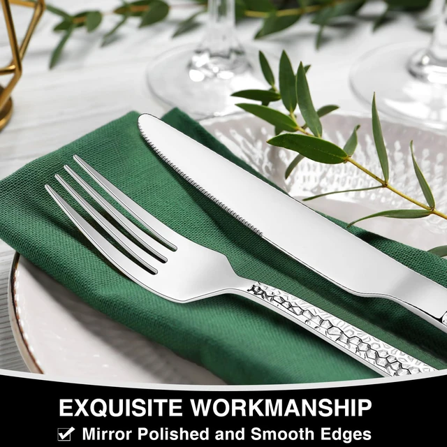 Alt view image 4 of 7 - Hammered Silverware Set, 40-Piece Stainless Steel Square Flatware Set for 8, Food-Grade Tableware Cutlery Set, Utensil Sets for Home Restaurant, Mirror Finish, Dishwasher Safe