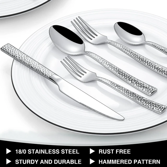 Alt view image 5 of 7 - Hammered Silverware Set, 40-Piece Stainless Steel Square Flatware Set for 8, Food-Grade Tableware Cutlery Set, Utensil Sets for Home Restaurant, Mirror Finish, Dishwasher Safe