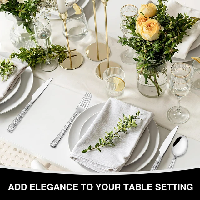 Alt view image 6 of 7 - Hammered Silverware Set, 40-Piece Stainless Steel Square Flatware Set for 8, Food-Grade Tableware Cutlery Set, Utensil Sets for Home Restaurant, Mirror Finish, Dishwasher Safe