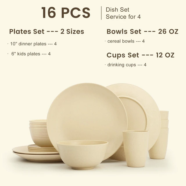 Alt view image 2 of 7 - Premium Wheat Straw Dinnerware Sets, Lightweight & Unbreakable Plates and Bowls Sets,Cups,Service for 4,Dishwasher and Microwave Safe 16 PCS Dish Sets for HomeCamping- Beige