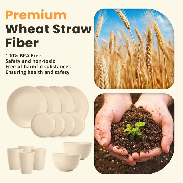 Alt view image 3 of 7 - Premium Wheat Straw Dinnerware Sets, Lightweight & Unbreakable Plates and Bowls Sets,Cups,Service for 4,Dishwasher and Microwave Safe 16 PCS Dish Sets for HomeCamping- Beige