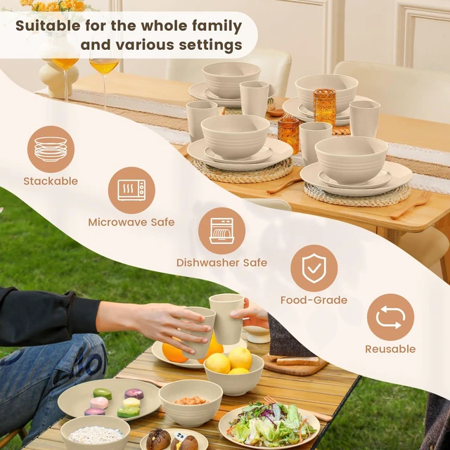 Alt view image 6 of 7 - Premium Wheat Straw Dinnerware Sets, Lightweight & Unbreakable Plates and Bowls Sets,Cups,Service for 4,Dishwasher and Microwave Safe 16 PCS Dish Sets for HomeCamping- Beige