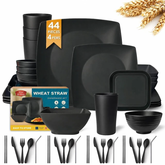 Main image of 44-piece With Flatware Plates and Bowls Sets, Black Dishes Set for 4 | Plastic Wheat Straw Dinnerware Sets,Unbreakable Dinner Plate set,13.5oz Cups,Dishwasher,Outdoor Kitchen RV Camping Essentials