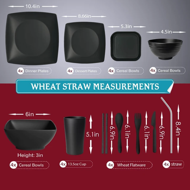 Alt view image 2 of 6 - 44-piece With Flatware Plates and Bowls Sets, Black Dishes Set for 4 | Plastic Wheat Straw Dinnerware Sets,Unbreakable Dinner Plate set,13.5oz Cups,Dishwasher,Outdoor Kitchen RV Camping Essentials