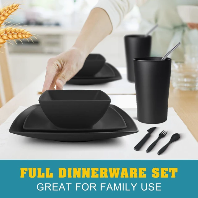 Alt view image 5 of 6 - 44-piece With Flatware Plates and Bowls Sets, Black Dishes Set for 4 | Plastic Wheat Straw Dinnerware Sets,Unbreakable Dinner Plate set,13.5oz Cups,Dishwasher,Outdoor Kitchen RV Camping Essentials