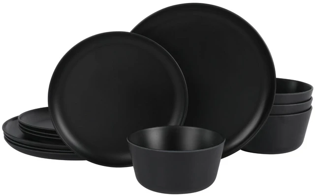 Main image of Fairhope 12-Piece Matte Black Melamine Dinnerware Set Durable Lightweight Plates and Bowls, Kitchen Dining Set