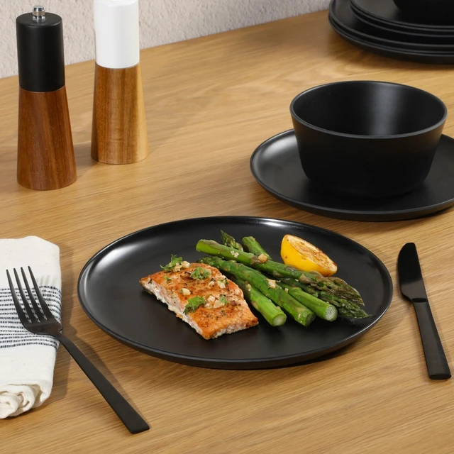 Alt view image 2 of 7 - Fairhope 12-Piece Matte Black Melamine Dinnerware Set Durable Lightweight Plates and Bowls, Kitchen Dining Set