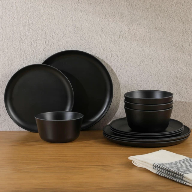 Alt view image 4 of 7 - Fairhope 12-Piece Matte Black Melamine Dinnerware Set Durable Lightweight Plates and Bowls, Kitchen Dining Set