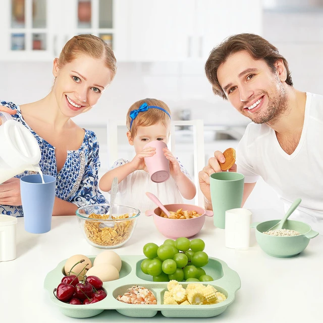 Alt view image 2 of 7 - 24 Pcs Wheat Straw Dinnerware Cutlery Set, Unbreakable Tableware Set, Including Kids Toddlers Divided Plates, Bowls, Cup, Cutlery Spoons Knifes Forks, BPA Free, Microwave Dishwasher Safe