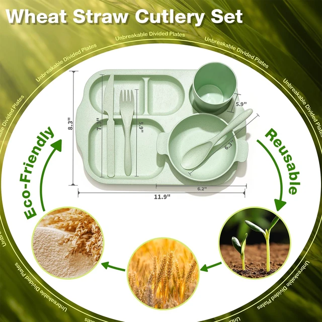 Alt view image 3 of 7 - 24 Pcs Wheat Straw Dinnerware Cutlery Set, Unbreakable Tableware Set, Including Kids Toddlers Divided Plates, Bowls, Cup, Cutlery Spoons Knifes Forks, BPA Free, Microwave Dishwasher Safe