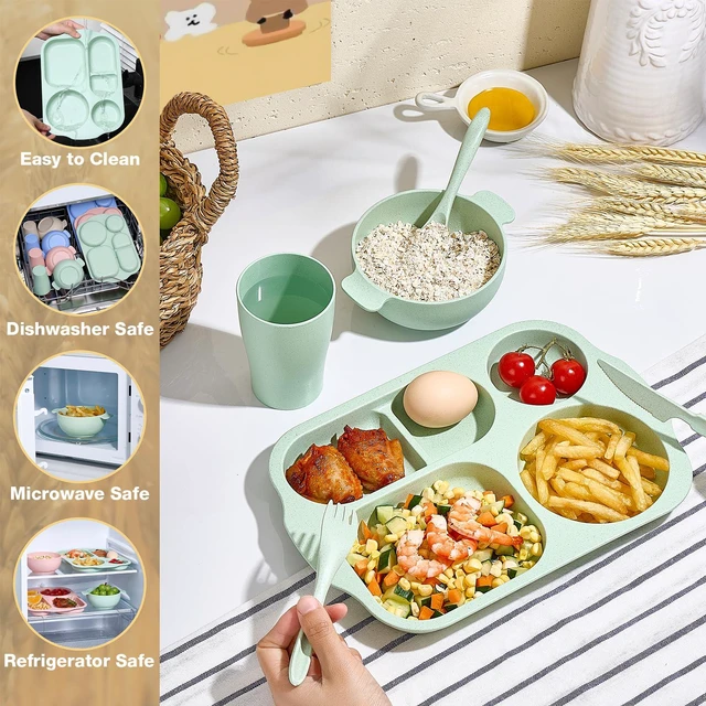 Alt view image 5 of 7 - 24 Pcs Wheat Straw Dinnerware Cutlery Set, Unbreakable Tableware Set, Including Kids Toddlers Divided Plates, Bowls, Cup, Cutlery Spoons Knifes Forks, BPA Free, Microwave Dishwasher Safe