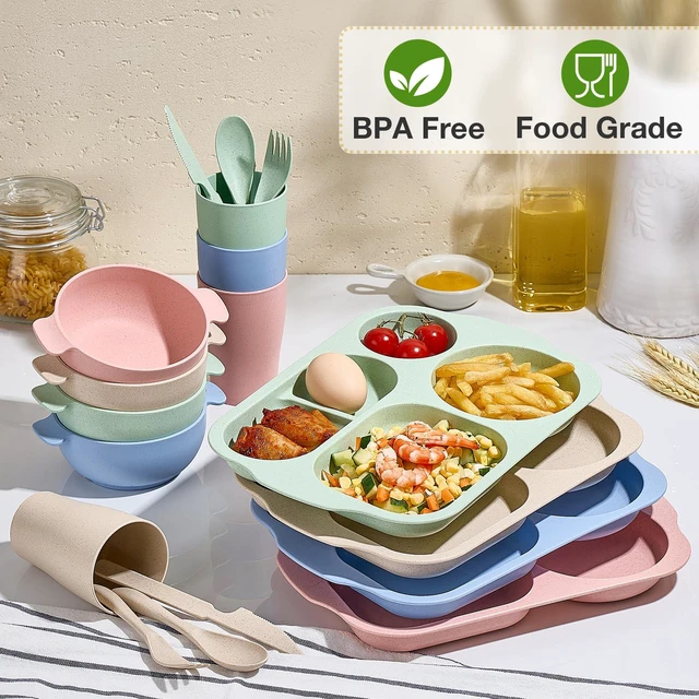 Alt view image 4 of 7 - 24 Pcs Wheat Straw Dinnerware Cutlery Set, Unbreakable Tableware Set, Including Kids Toddlers Divided Plates, Bowls, Cup, Cutlery Spoons Knifes Forks, BPA Free, Microwave Dishwasher Safe