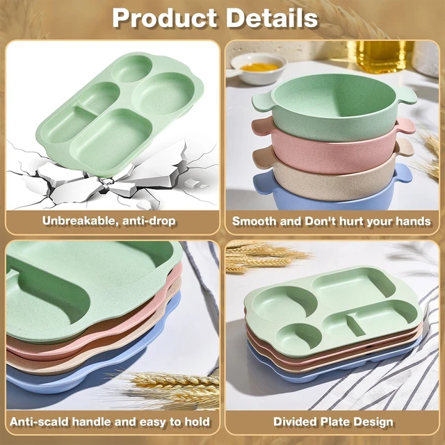 Alt view image 6 of 7 - 24 Pcs Wheat Straw Dinnerware Cutlery Set, Unbreakable Tableware Set, Including Kids Toddlers Divided Plates, Bowls, Cup, Cutlery Spoons Knifes Forks, BPA Free, Microwave Dishwasher Safe