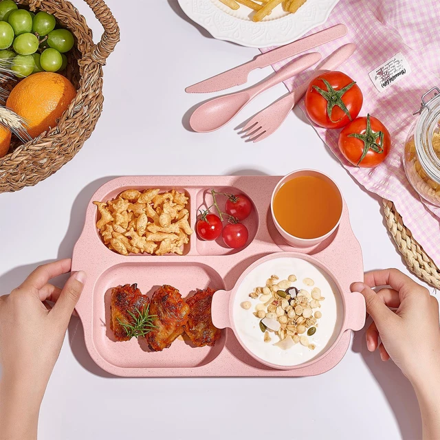 Alt view image 7 of 7 - 24 Pcs Wheat Straw Dinnerware Cutlery Set, Unbreakable Tableware Set, Including Kids Toddlers Divided Plates, Bowls, Cup, Cutlery Spoons Knifes Forks, BPA Free, Microwave Dishwasher Safe