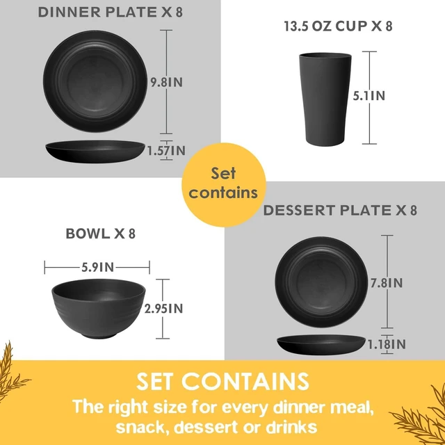 Alt view image 2 of 7 - 32-Piece Plates and Bowls Sets for 8, Black Kitchen Dinnerware Sets | 13.5oz Cups, Plastic Wheat Straw Unbreakable Dish Set, Dishwasher Safe, for Outdoor Camping RV Apartment Essentials Plate Set