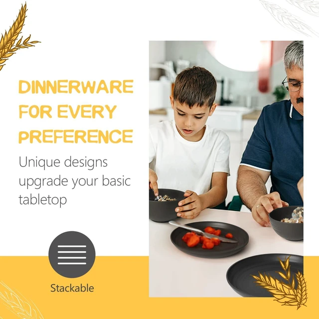 Alt view image 3 of 7 - 32-Piece Plates and Bowls Sets for 8, Black Kitchen Dinnerware Sets | 13.5oz Cups, Plastic Wheat Straw Unbreakable Dish Set, Dishwasher Safe, for Outdoor Camping RV Apartment Essentials Plate Set