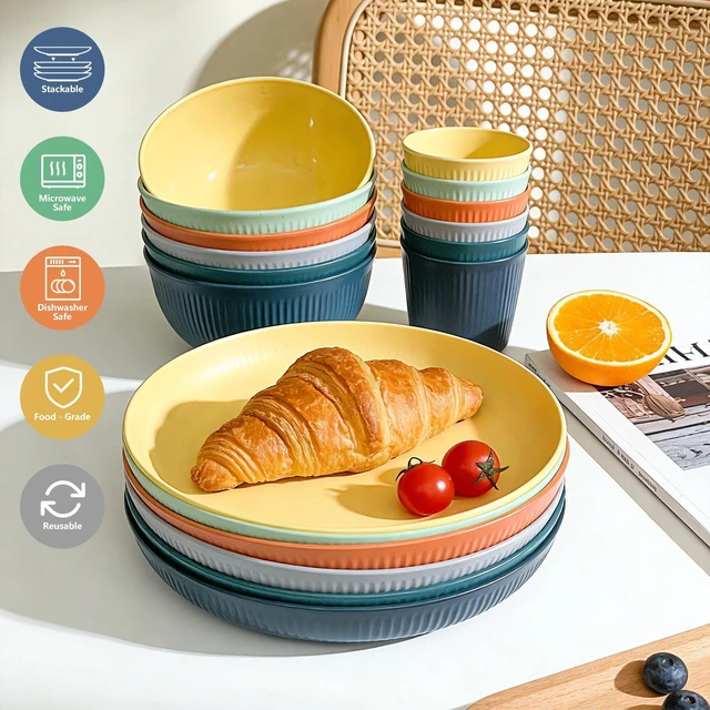 Alt view image 3 of 7 - 42Pcs Wheat Straw Dinnerware Sets, Unbreakable Plates and Bowls Sets, Eco Friendly Non Breakable Dinnerware, Dishwasher Microwave Safe Dinnerware