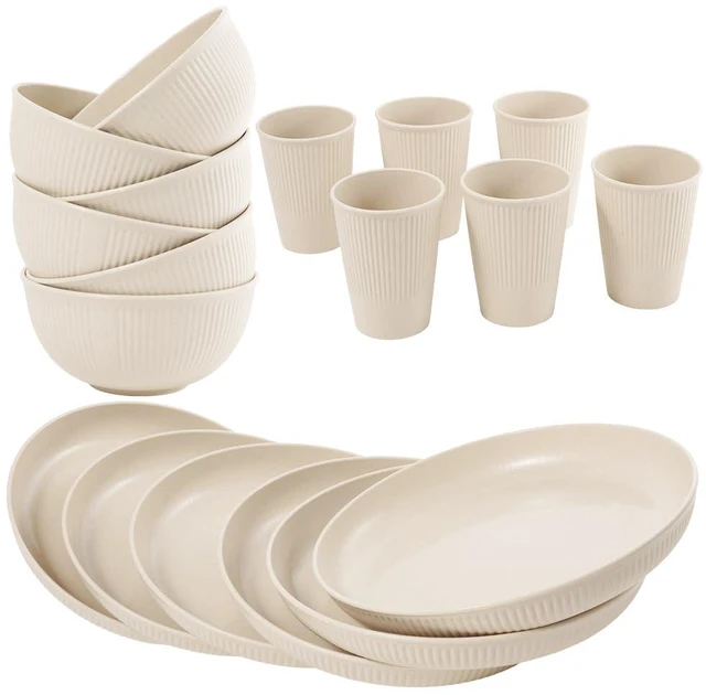 Main image of 36-Piece Reusable Wheat Straw Dinnerware Sets for 6, Unbreakable Reusable Set Kitchen Cups, Plates, Bowls Sets & Cultery Dishwasher Microwave Safe - Patio, Outdoors, RV, Camping Dishes