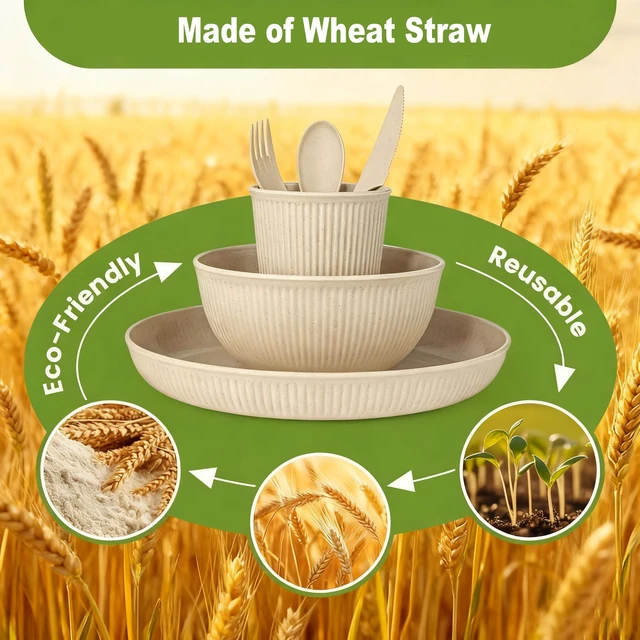 Alt view image 2 of 7 - 36-Piece Reusable Wheat Straw Dinnerware Sets for 6, Unbreakable Reusable Set Kitchen Cups, Plates, Bowls Sets & Cultery Dishwasher Microwave Safe - Patio, Outdoors, RV, Camping Dishes